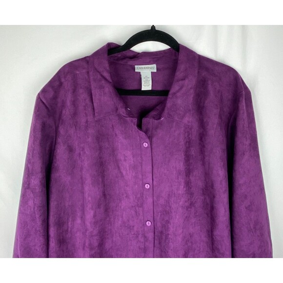 NWT Catherines Womens Button Down Top 3X Purple Faux Suede Long Sleeve Blouse - Picture 2 of 14